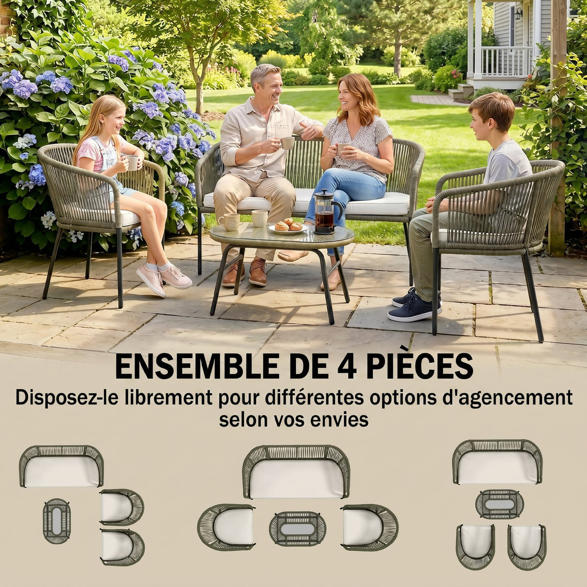 Salon de Jardin Extérieur 4 Places, canapé 2 Places, 2 Fauteuils et Table Basse Verre Trempé Crème