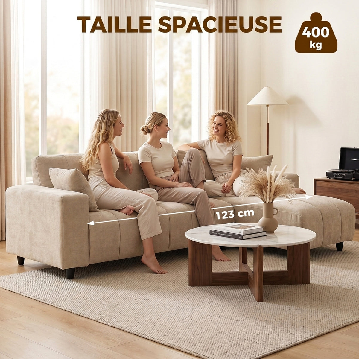 Canapé d'Angle Modulable 242 cm, 4 Places en L, 2 Oreillers, Tissu Aspect Lin, Beige