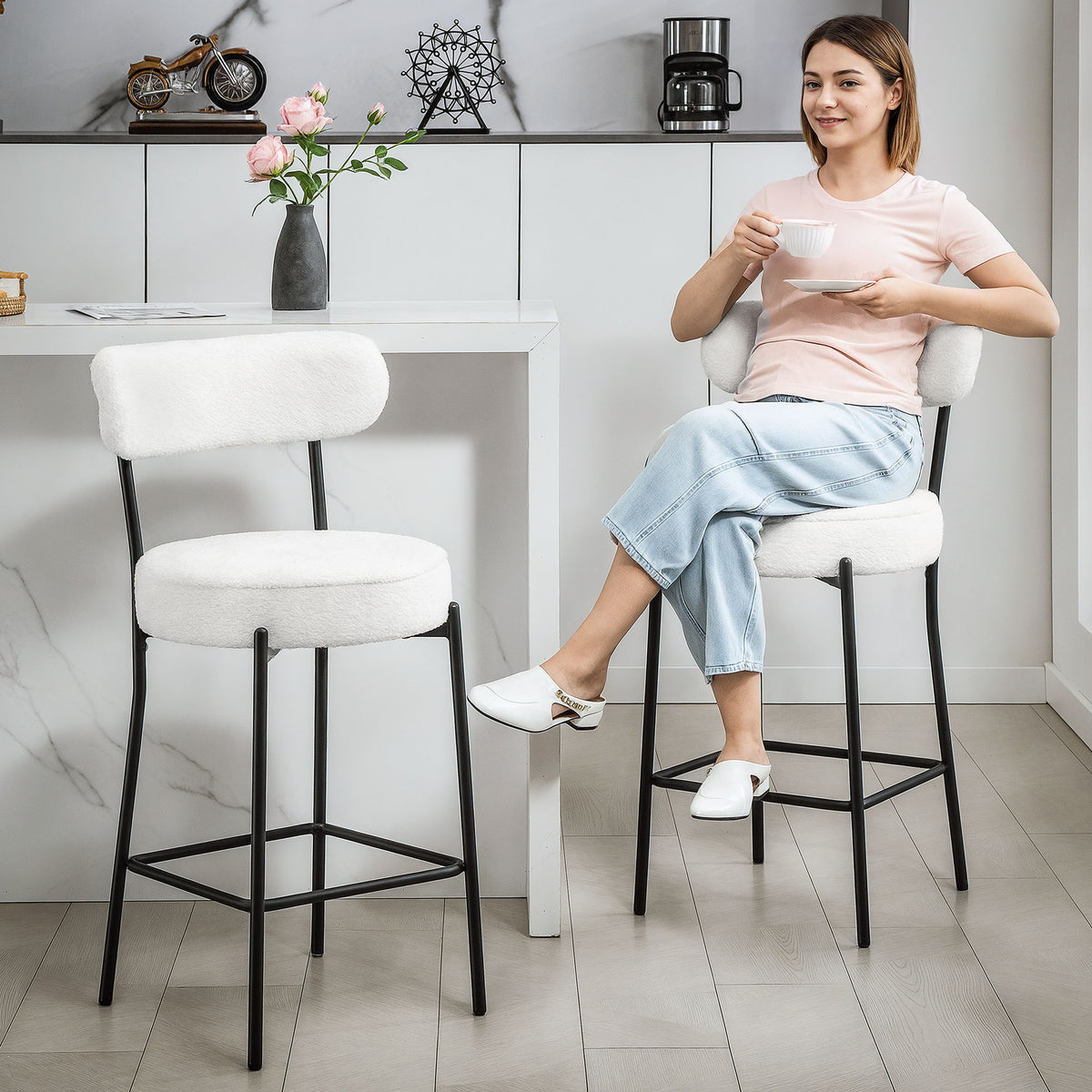 Lot de 2 tabourets de bar, dossier courbé, repose-pieds, 49x52x95cm, crème