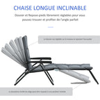 Transat pliable inclinable 6 positions avec matelas + accoudoirs acier polyester gris