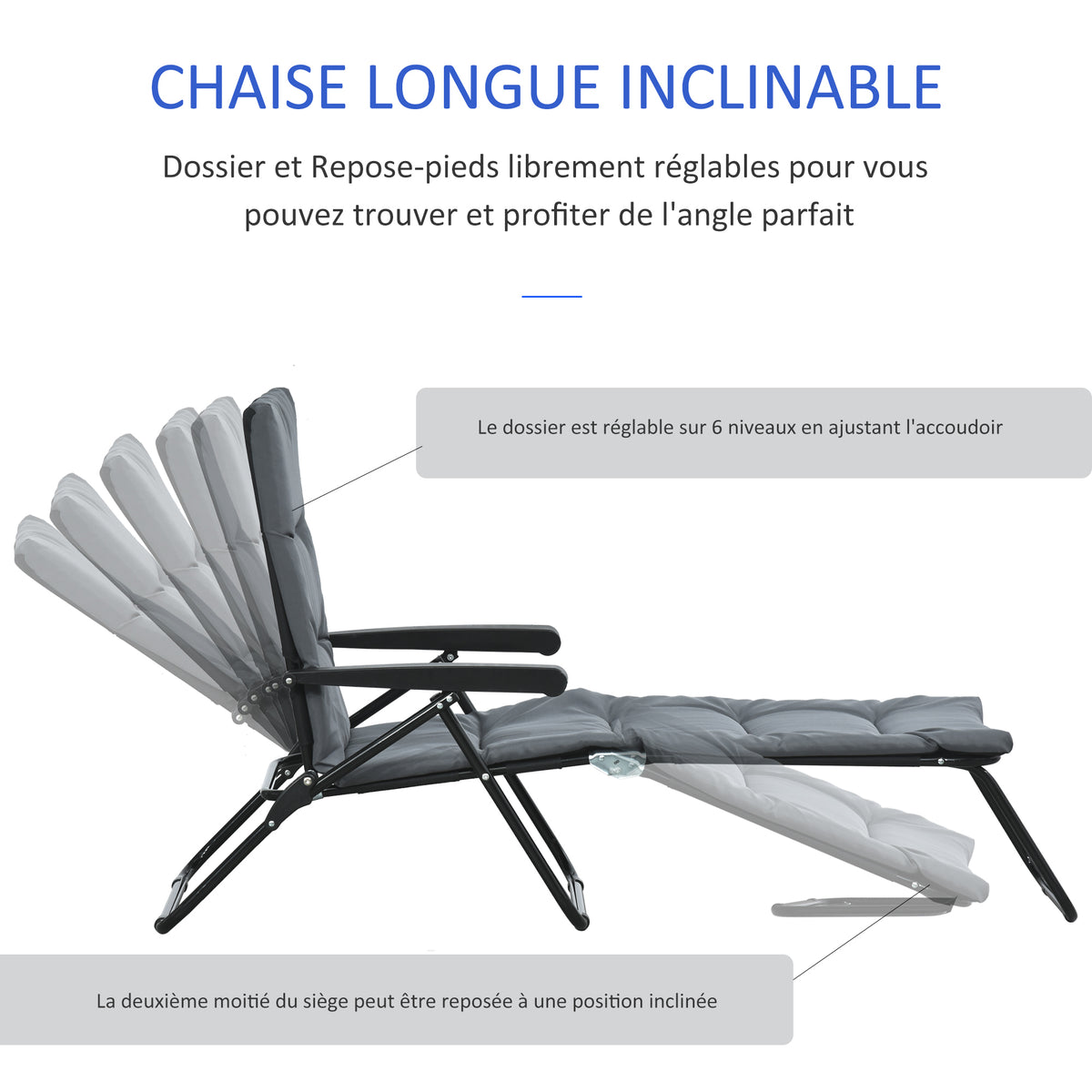 Transat pliable inclinable 6 positions avec matelas + accoudoirs acier polyester gris