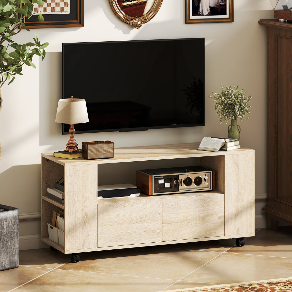 Meuble TV sur roulettes 102 cm, jusqu'à 42 pouces, 2 tiroirsjmπ0O0¨9OPN