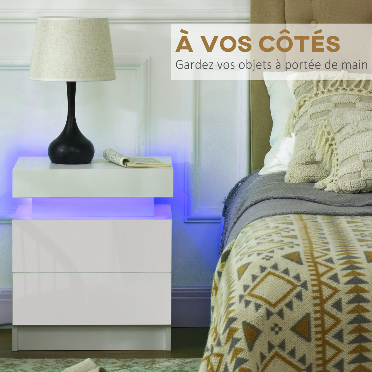 Table de chevet lumière LED RVB avec haute brillance avec 2 tiroirs blanc