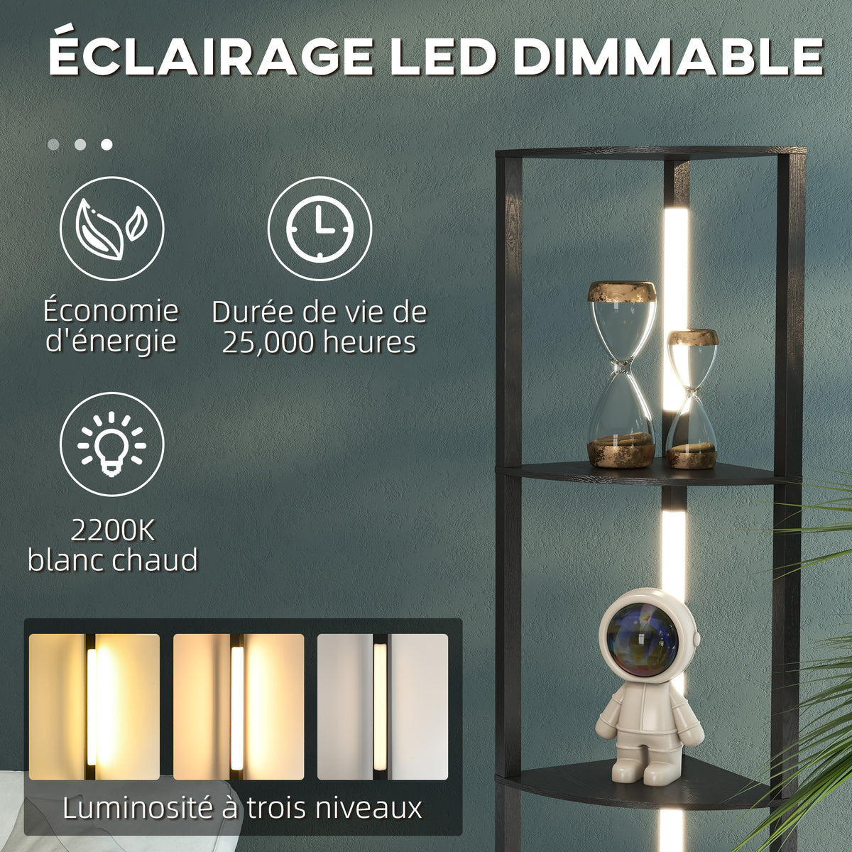 Lampadaire / lampe avec étagères d'angle à 4 niveaux, lampe LED dimmable, 41x29,5x163,5cm, noir