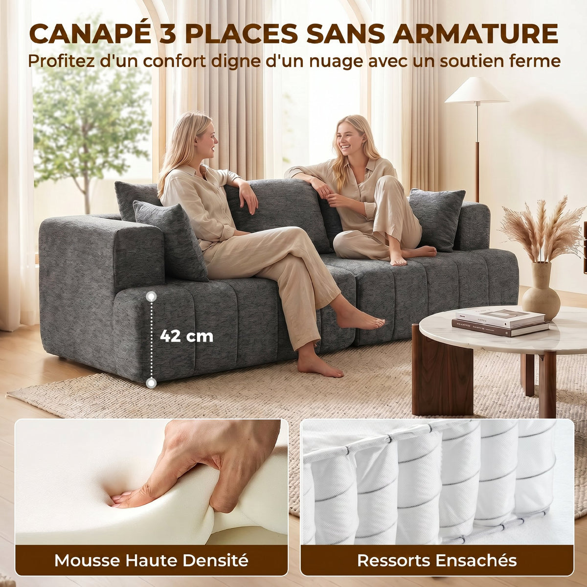 Canapé 3 places 248 cm, coussins à ressorts, gris
