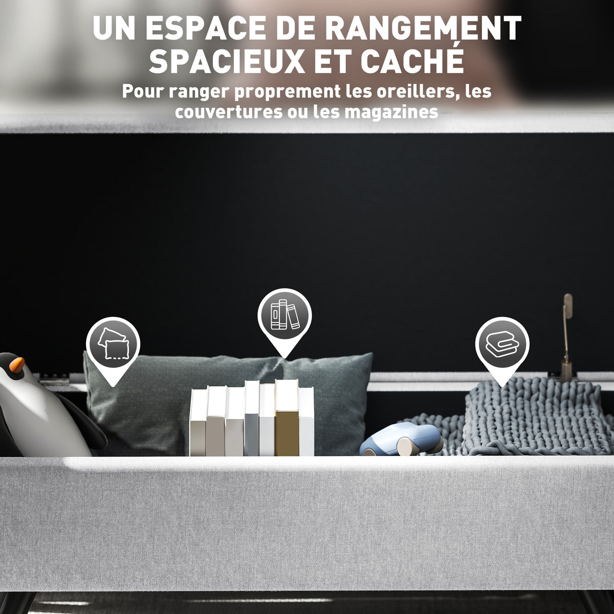 Banc/ coffre de rangement 53,8L avec siège rembourré en lin et accoudoirs, 132 x 42 x 50 cm, gris