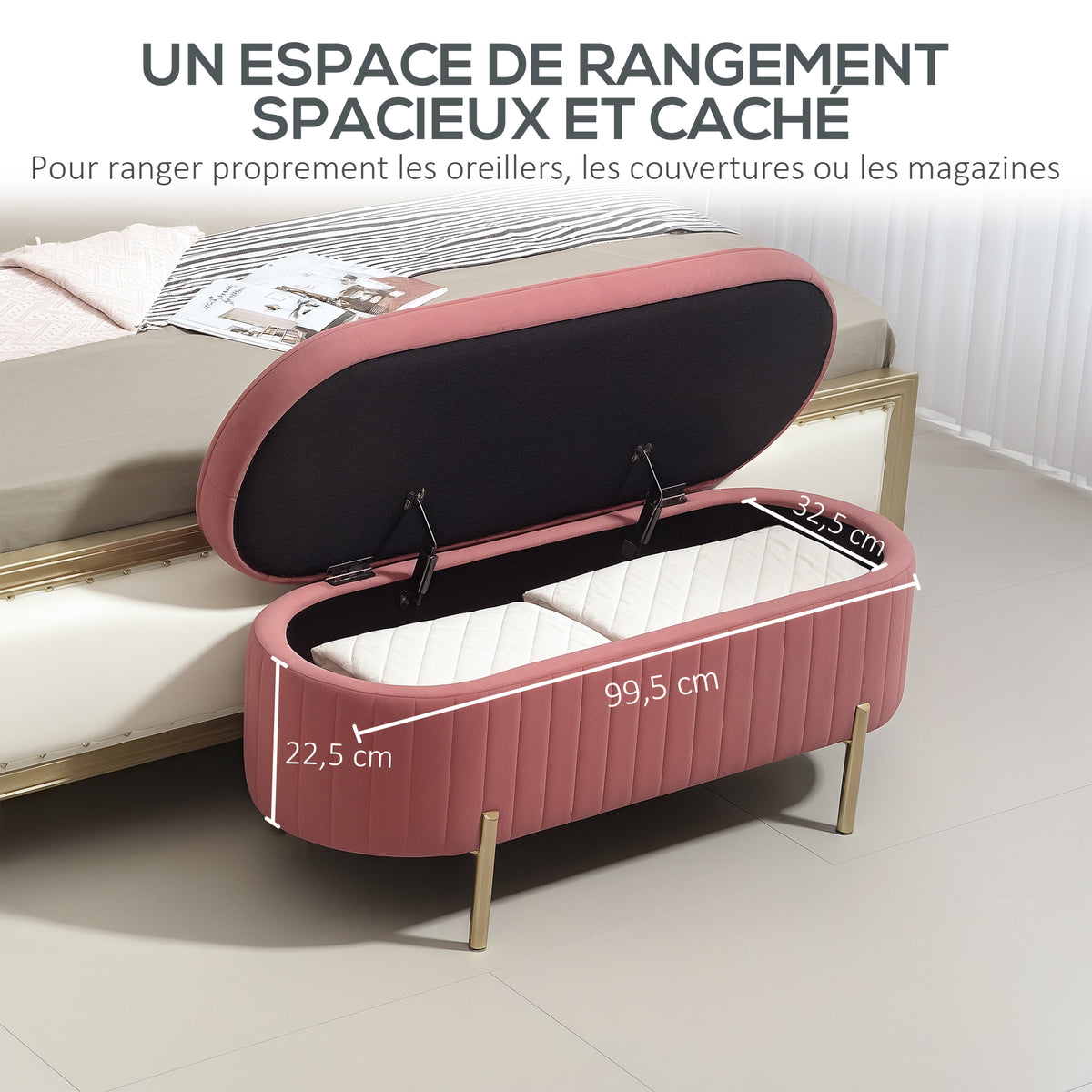 Banc de rangement, bout de lit en velours, pieds en métal,72 L, 108x44x43,5cm, rose