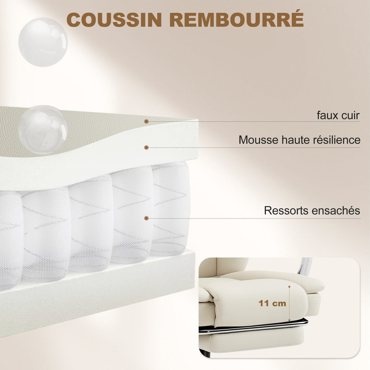 Chaise bureau ergonomique, 64x73x112-120cm, beige