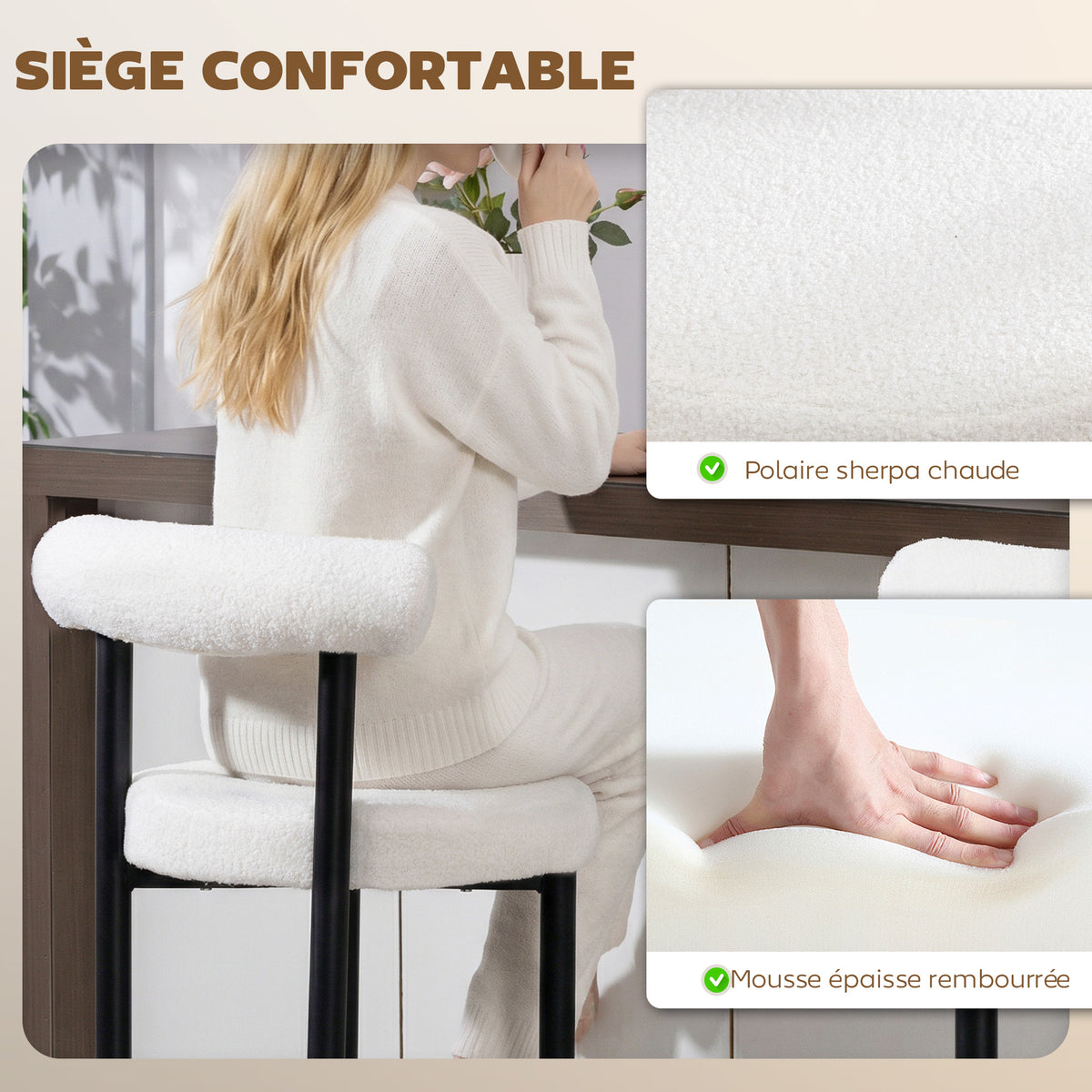 Lot de 2 tabourets de bar, dossier incurvé, repose-pieds, 50x52,5x98cm, blanc