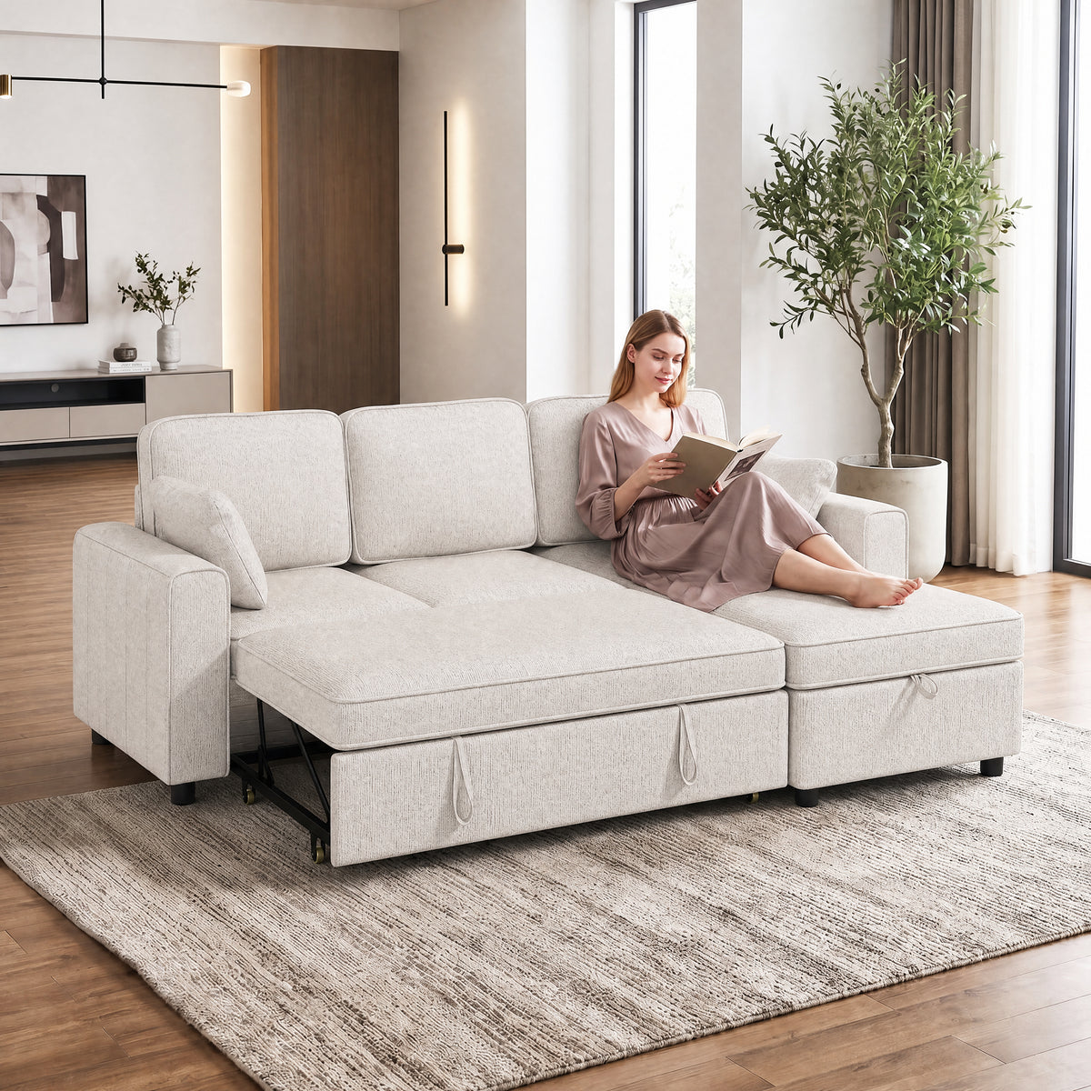 Canapé d'Angle Convertible, Canapé-Lit 3 Places Modulaire 225 cm avec Pouf de Rangement, Beige