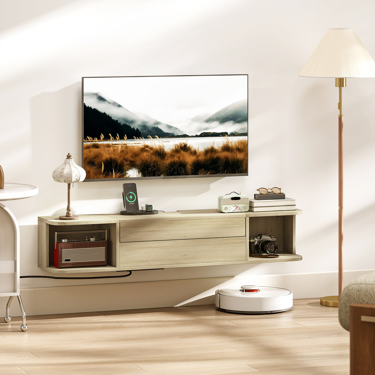Meuble TV suspendu,50 pouces, tiroir étagères passe-câbles 120x24x22,4cm. Effet bois naturel