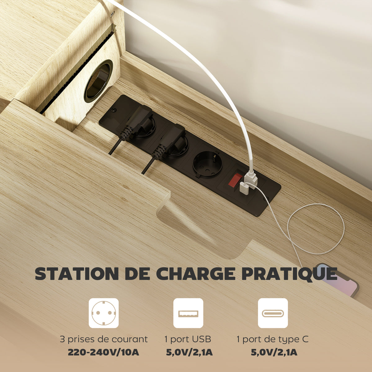 Meuble TV suspendu,50 pouces, tiroir étagères passe-câbles 120x24x22,4cm. Effet bois naturel