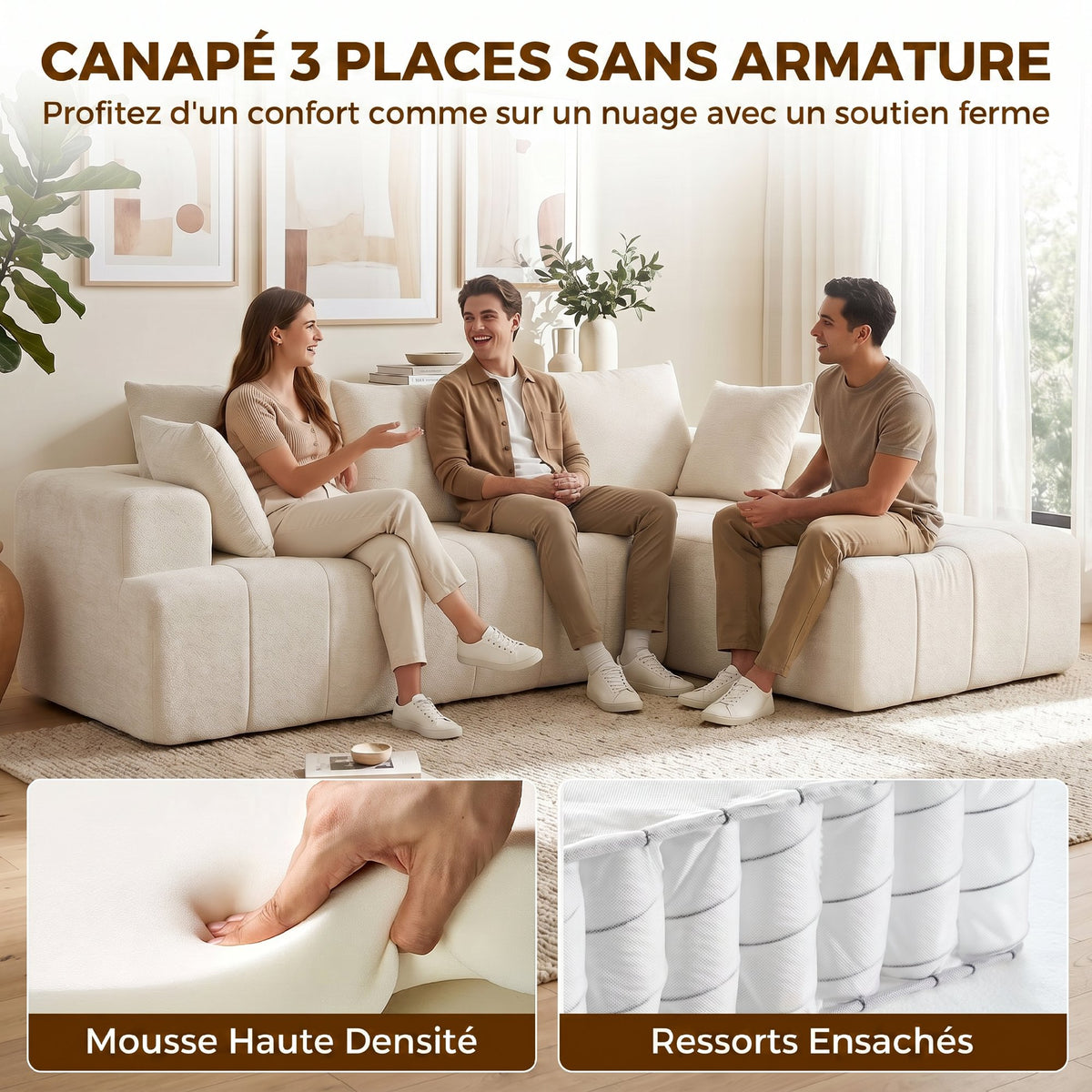 Canapé d'angle 256 cm avec méridienne, canapé-lit 3 places, beige