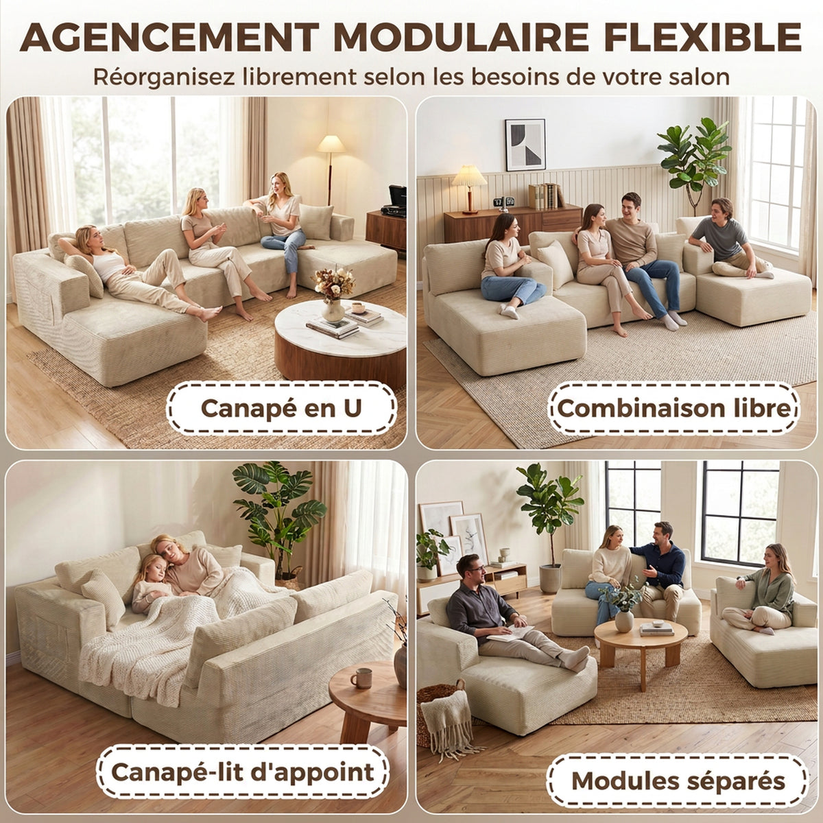 Canapé Modulaire en U Compressé 337 cm, 4 places en Velours Côtelé, Crème