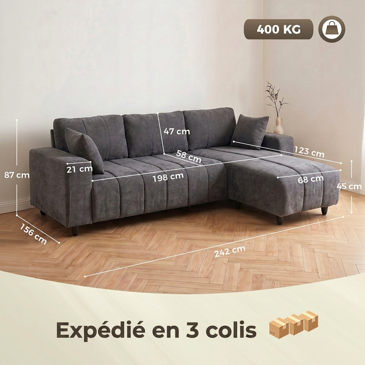 Canapé Modulable 242 cm, 4 Places ,2 Oreillers, Tissu Aspect Lin, Gris