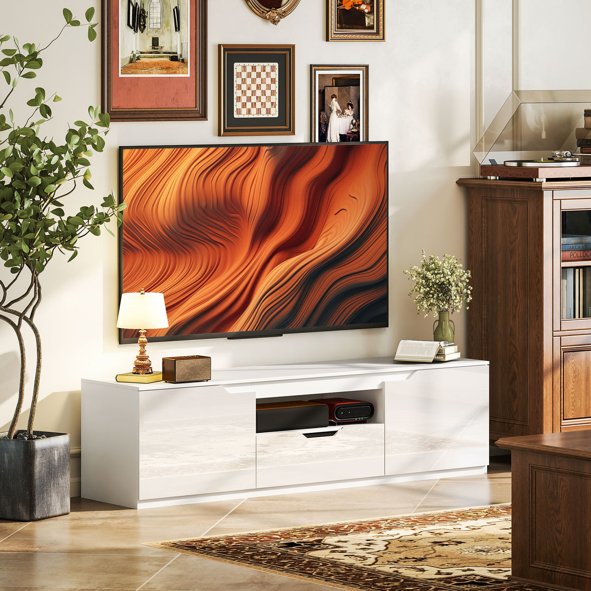 Meuble TV 160 cm, jusqu'à 65 pouces avec 2 portes et tiroir, blanc