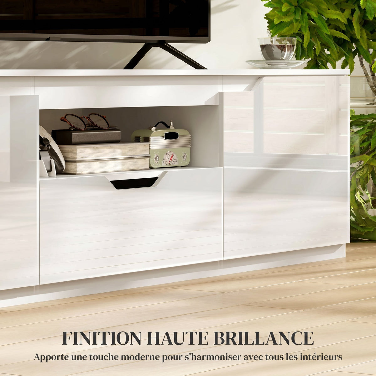 Meuble TV 160 cm, jusqu'à 65 pouces avec 2 portes et tiroir, blanc