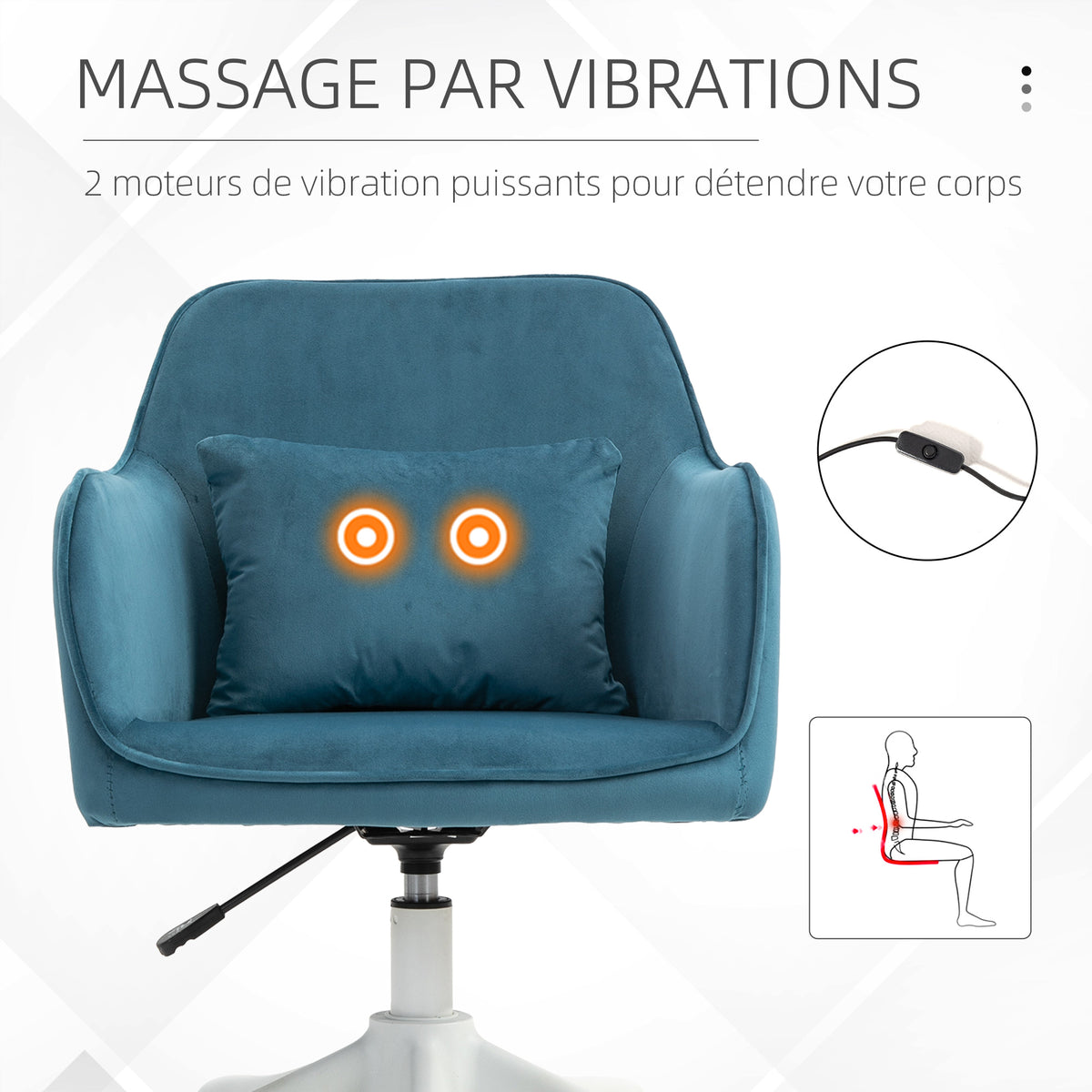 Chaise de bureau velours, massante, pivotante 360° bleu
