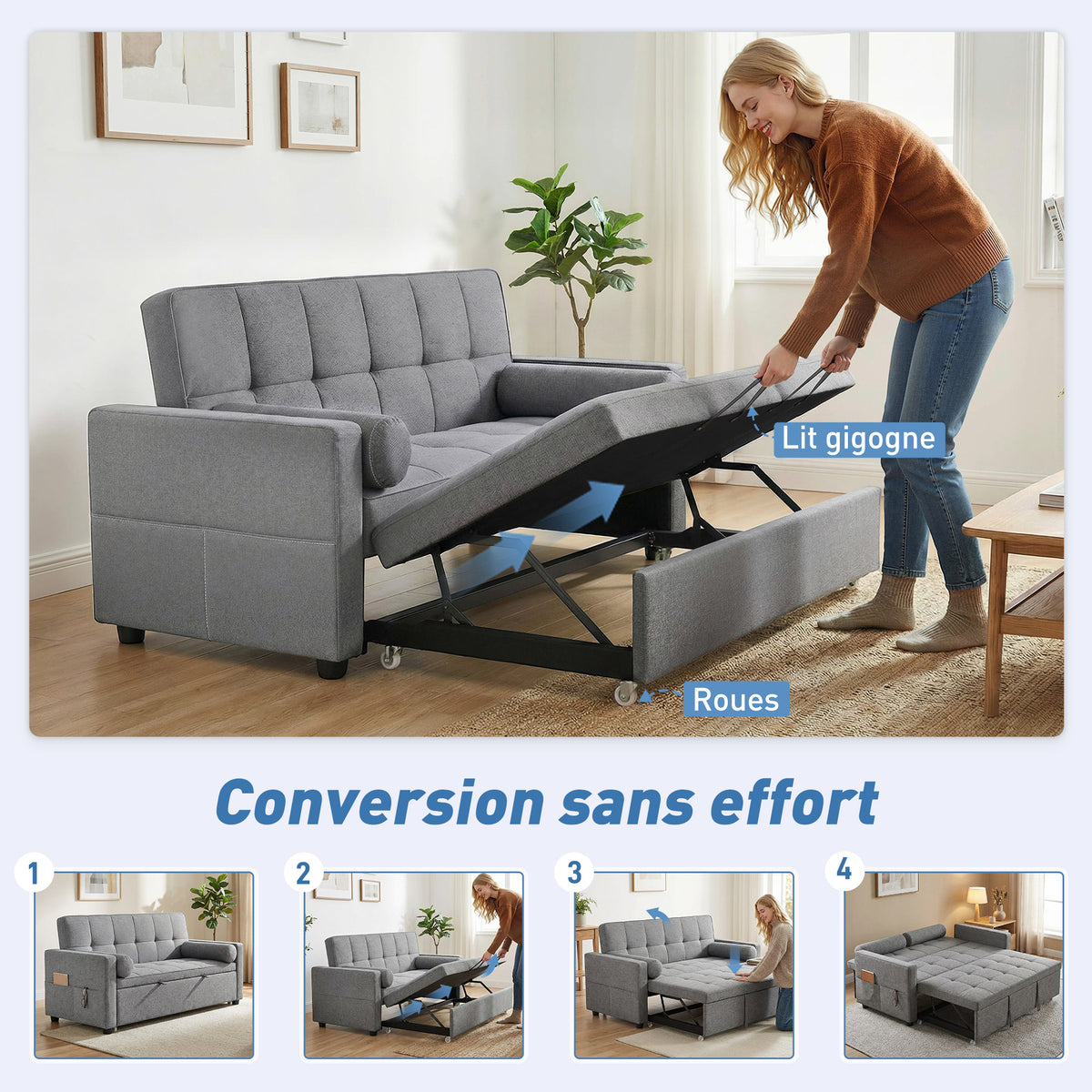 Canapé convertible 2 places, canapé-lit, 2 coussins 80,5x137,5x84cm gris
