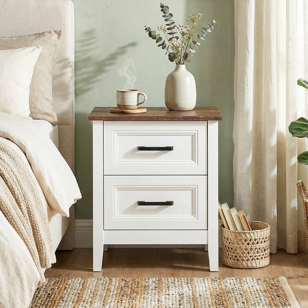 Table de chevet avec 2 tiroirs, plateau effet bois, style rustique, blanc