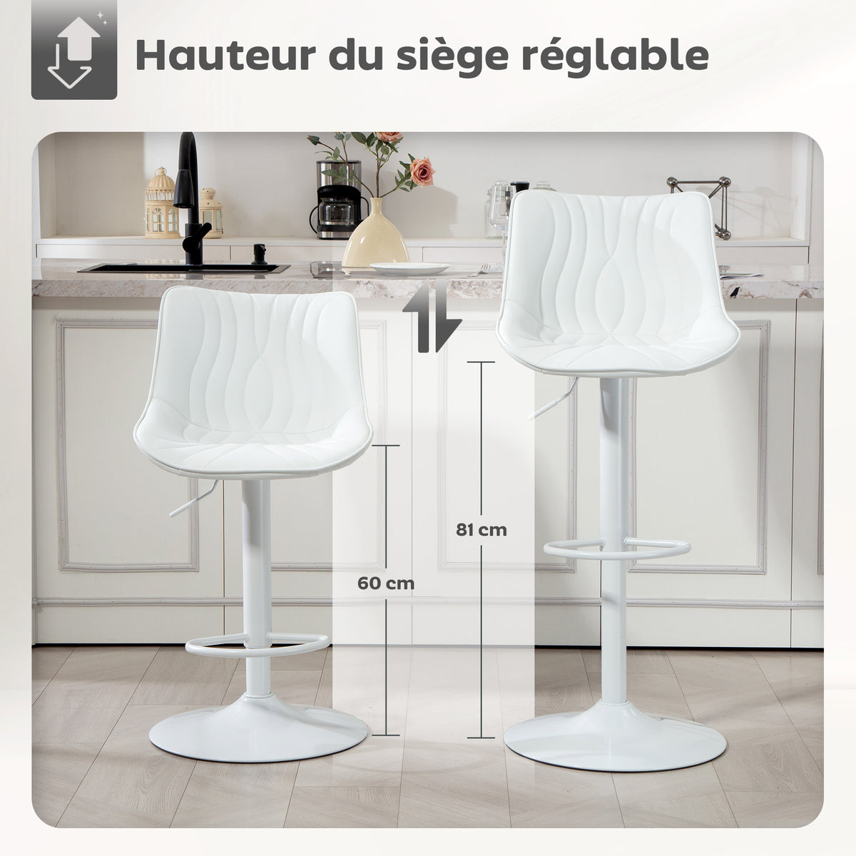 Lot de 2 tabourets de bar, repose-pieds blanc