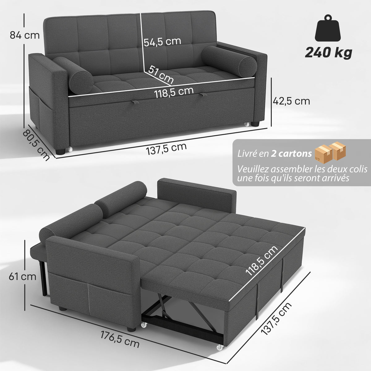 Canapé convertible 2 places, canapé-lit, 2 coussins 80,5x137,5x84cm gris