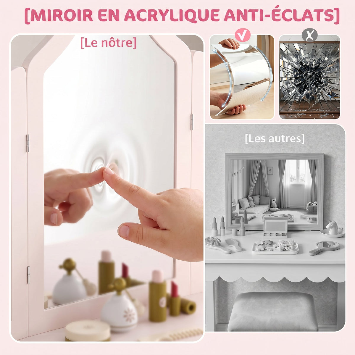 Coiffeuse pour Enfants avec Tabouret, Miroir à Trois Volets en Acrylique, 2 Tiroirs et 2 Placards, Rose