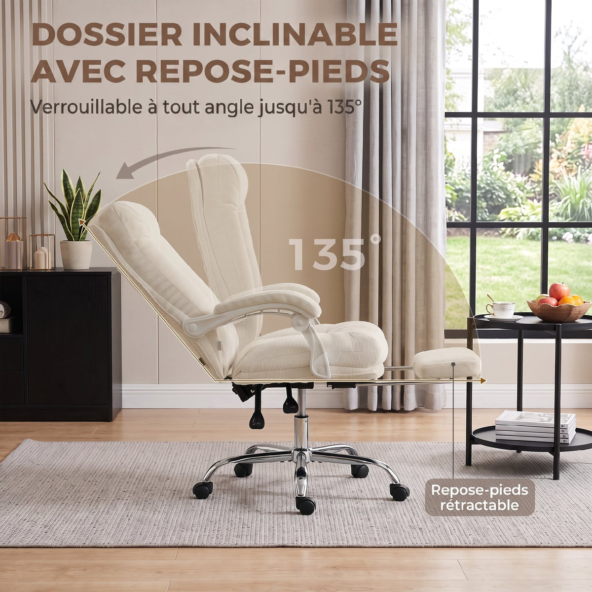 Chaise Bureau Ergonomique, Inclinable, Repose-Pieds, Crème