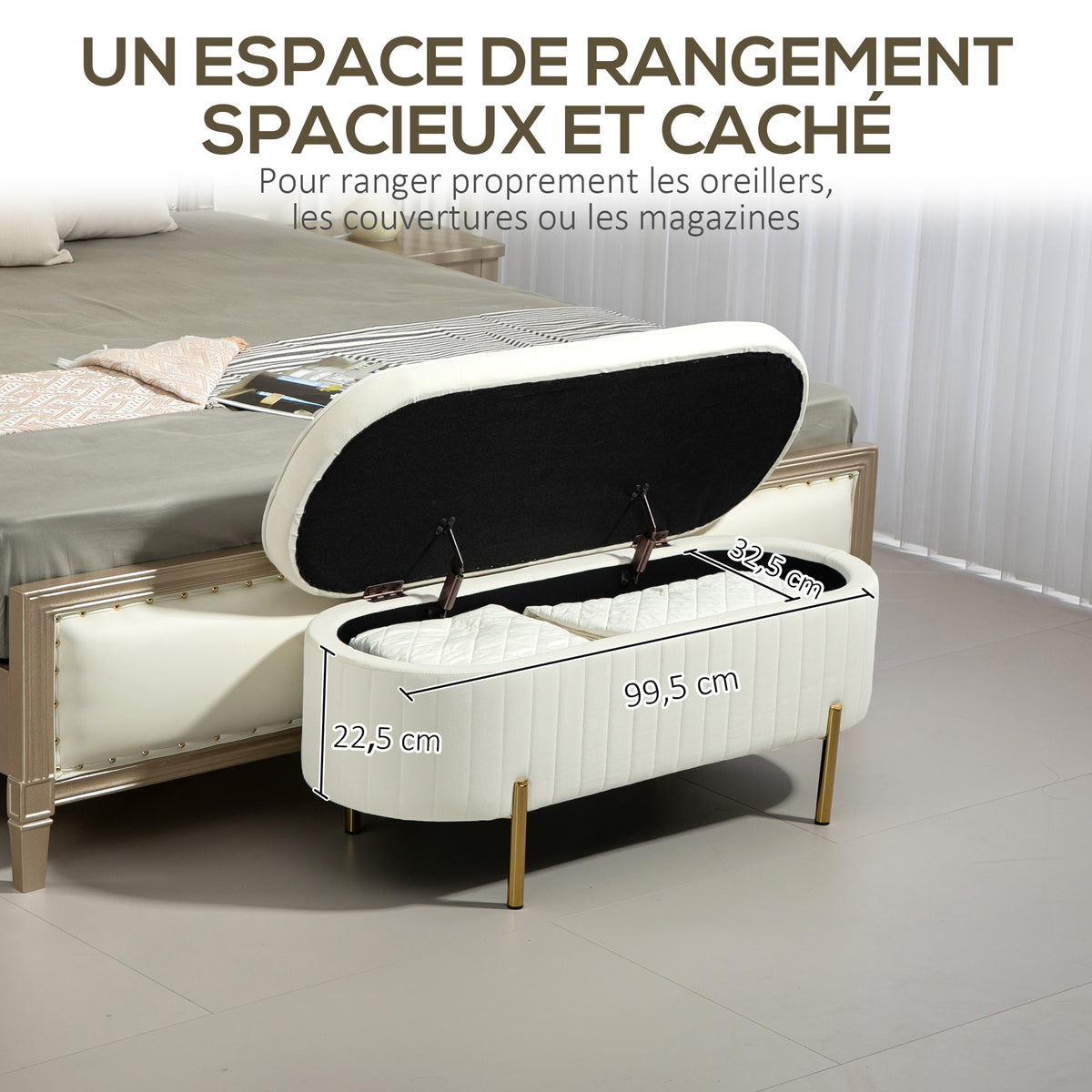 Banc de rangement, bout de lit en velours, pieds en métal, 72 L, 108x44x43,5cm, crème