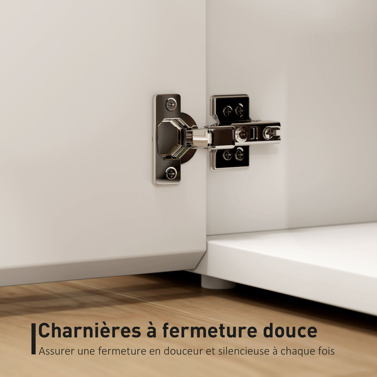 Meuble TV, 4 portes à fermeture amortie, étagère réglable et passe-câbles, 135 x 38 x 45 cm, blanc