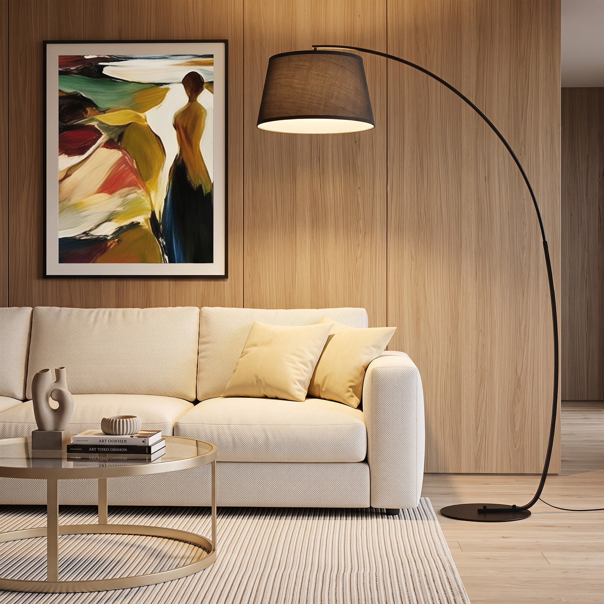 Lampadaire / lampe, Arc Salon Courbée - Arceau Moderne en Métal - Métal et Lin, Noir