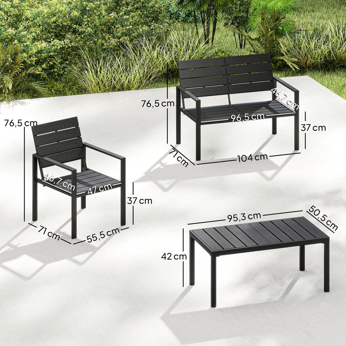 Salon de Jardin Extérieur 4 Pièces, Canapé 2 Places, 2 Chaises, Table Basse, Effet Bois Noir