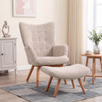 Fauteuil avec repose pied, pieds en bois et tissu aspect velours