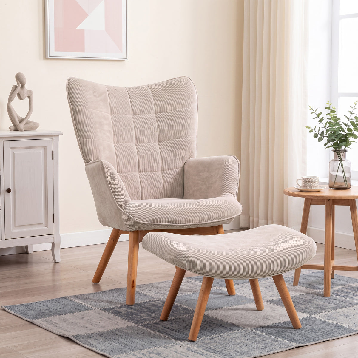 Fauteuil avec repose pied, pieds en bois et tissu aspect velours