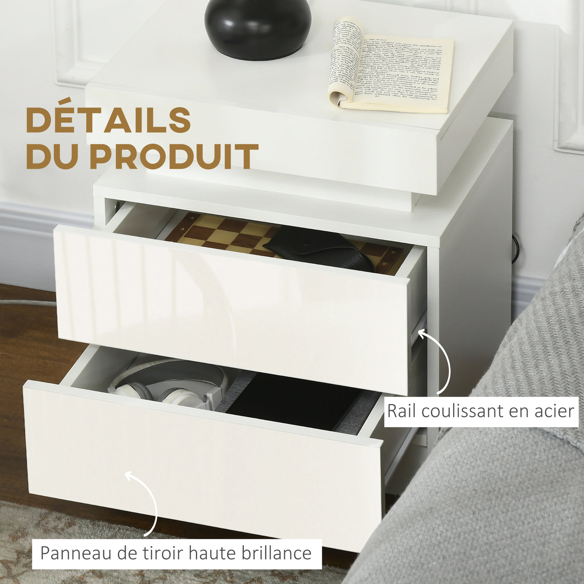 Table de chevet lumière LED RVB avec haute brillance avec 2 tiroirs blanc