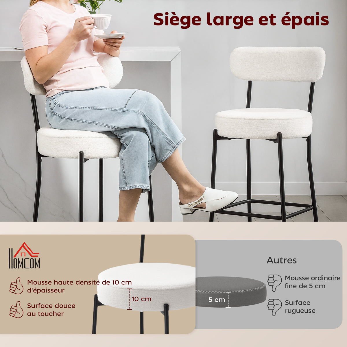 Lot de 2 tabourets de bar, dossier courbé, repose-pieds, 49x52x95cm, crème