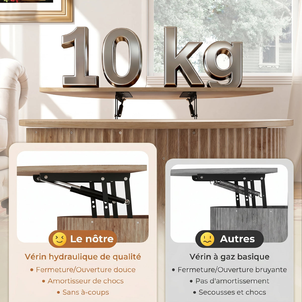 Table basse relevable, compartiment caché et plateau à fermeture douce, bois naturel