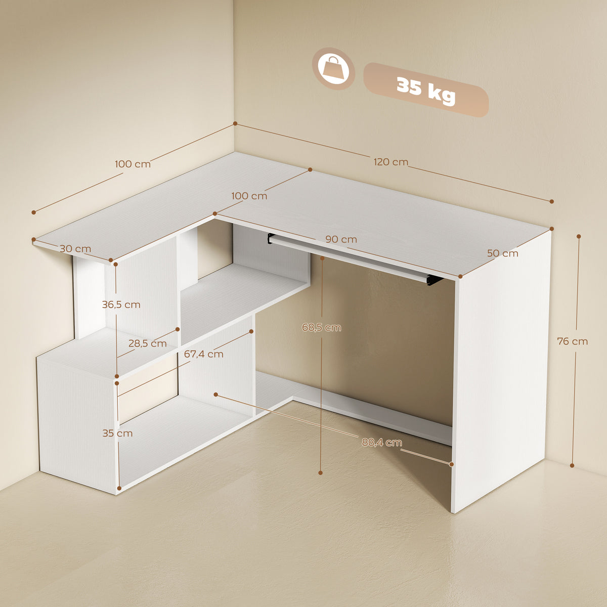 Bureau d'angle bureau en L, plateau à clavier coulissant, 120x100x76cm, blanc