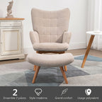 Fauteuil avec repose pied, pieds en bois et tissu aspect velours