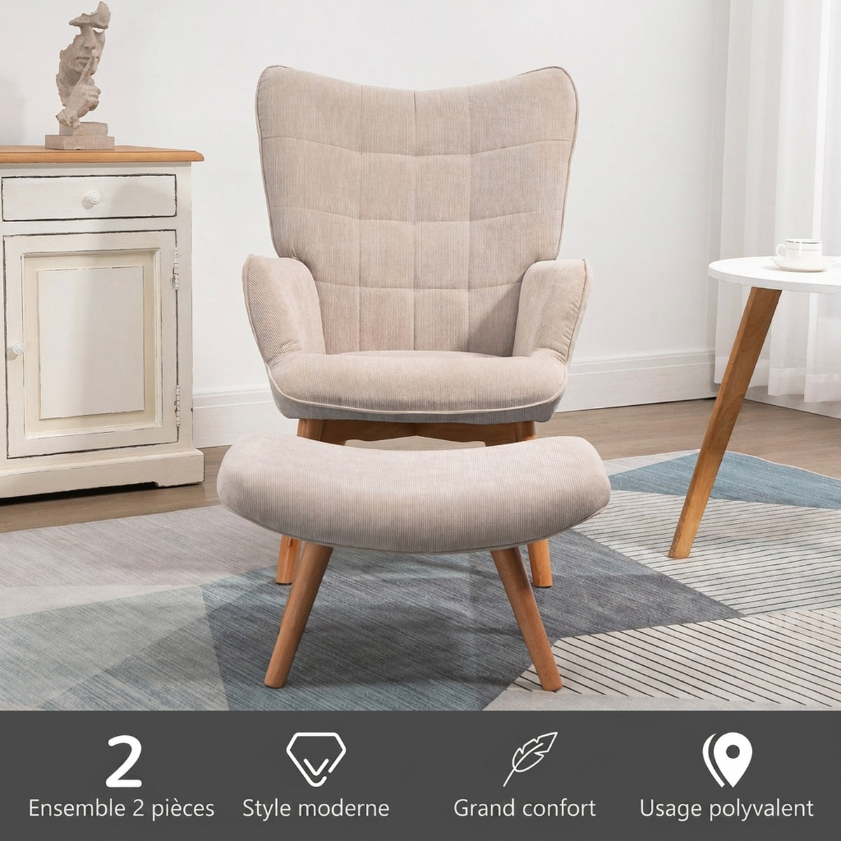 Fauteuil avec repose pied, pieds en bois et tissu aspect velours