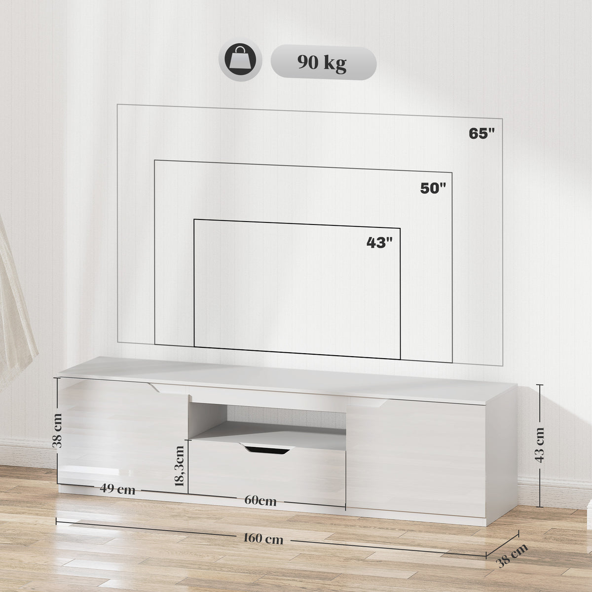 Meuble TV 160 cm, jusqu'à 65 pouces avec 2 portes et tiroir, blanc