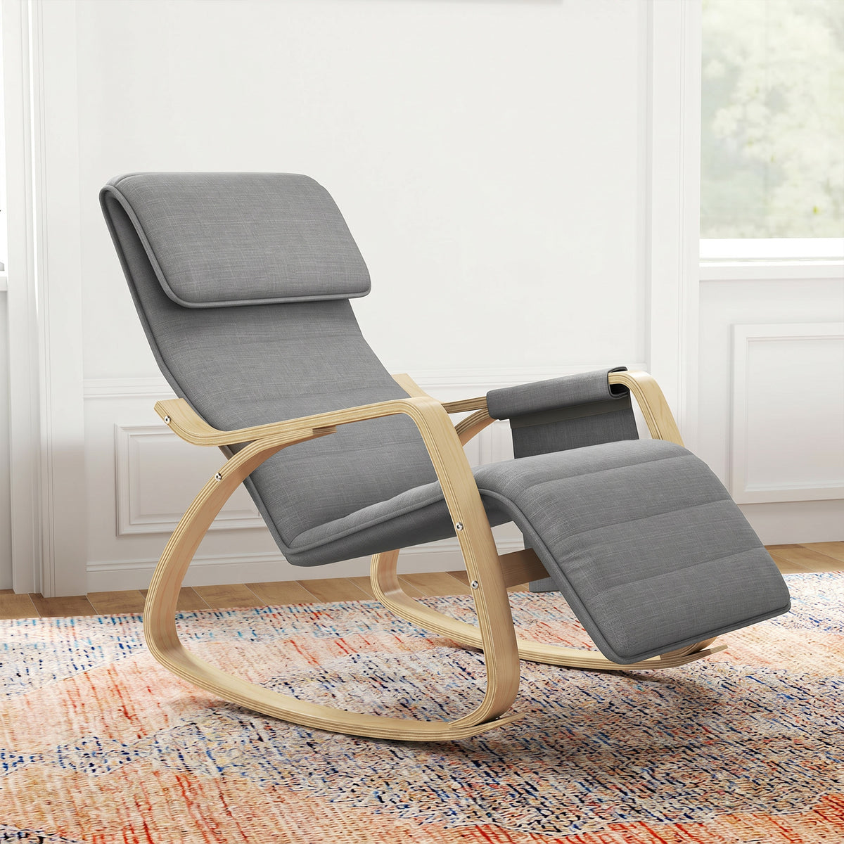 Fauteuil à bascule avec repose-pieds réglable, poche latérale, gris