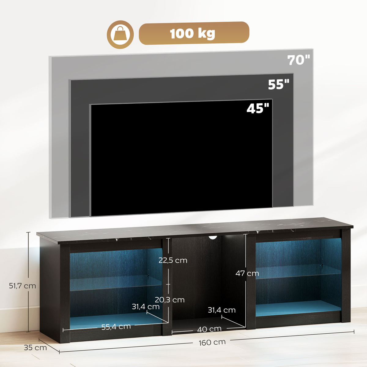 Meuble TV avec éclairage LED jusqu'à 70 pouces, 160cm avec étagères en verre réglables, noir
