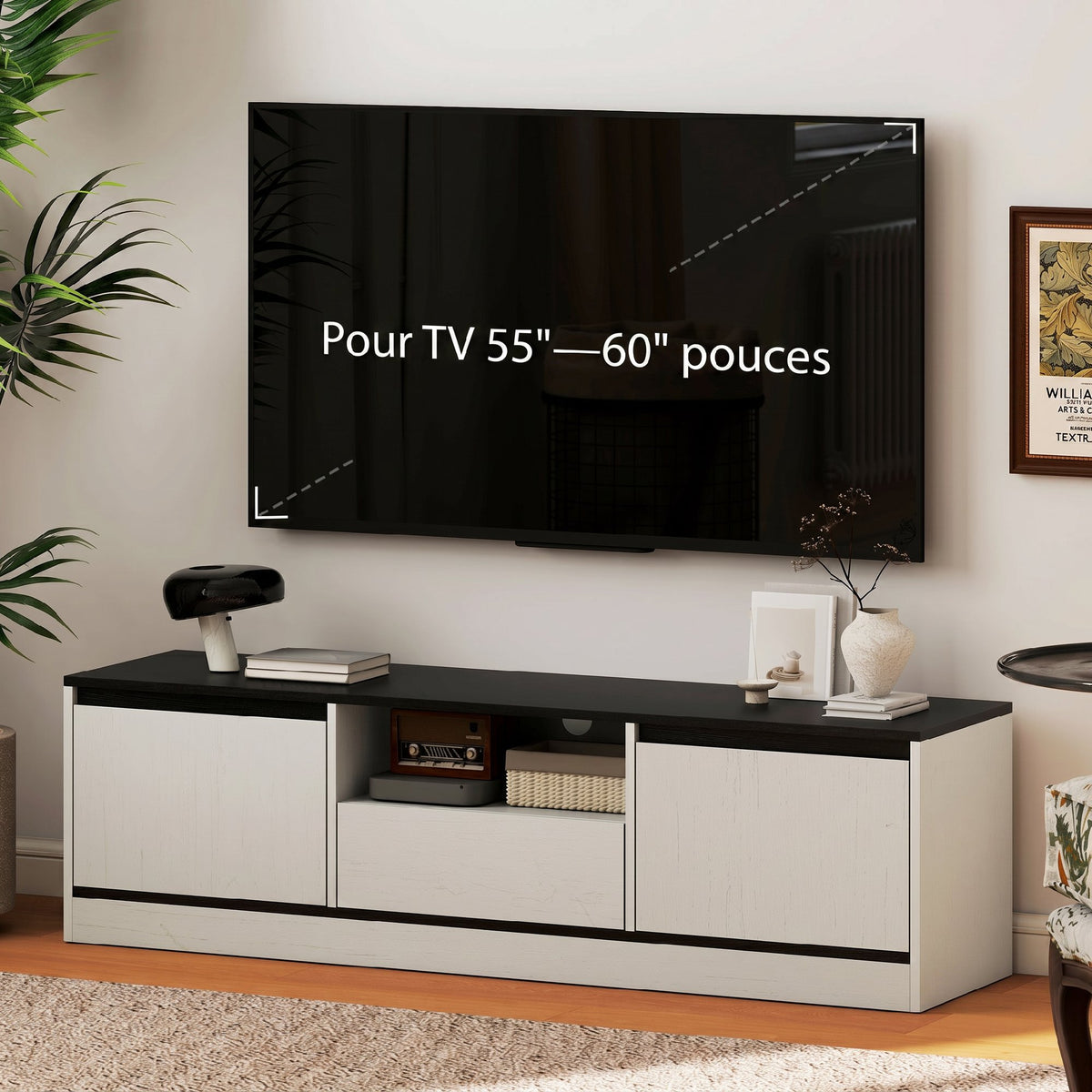 Meuble TV jusqu'à 60 pouces avec 2 Armoires, 1 Étagère Ouverte, 1 Tiroir, 140x35x40cm, Noir et Blanc