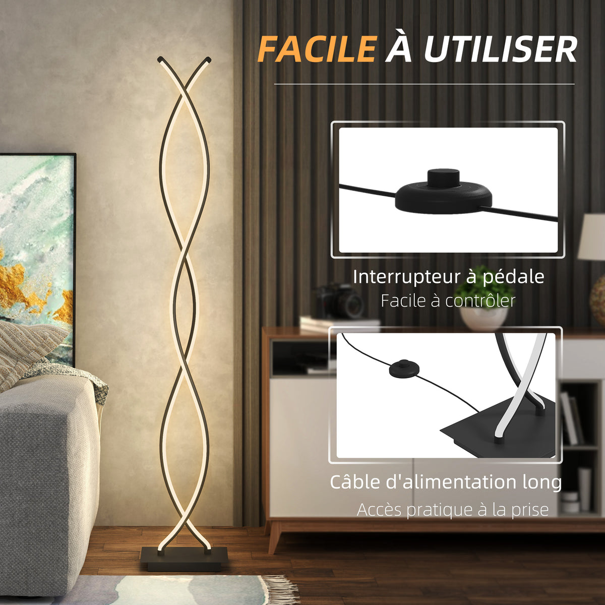 Lampadaire / lampe 3 niveaux de luminosité réglables avec interrupteur à pied, noir