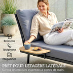 Transat avec Coussins Lavables en Oléfine et Étagère Latérale, Cadre en Métal, 58x137x75cm, Gris