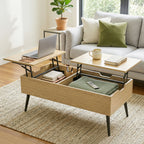 Table basse relevable avec double plateau,compartiment caché et pieds en métal, bois naturel