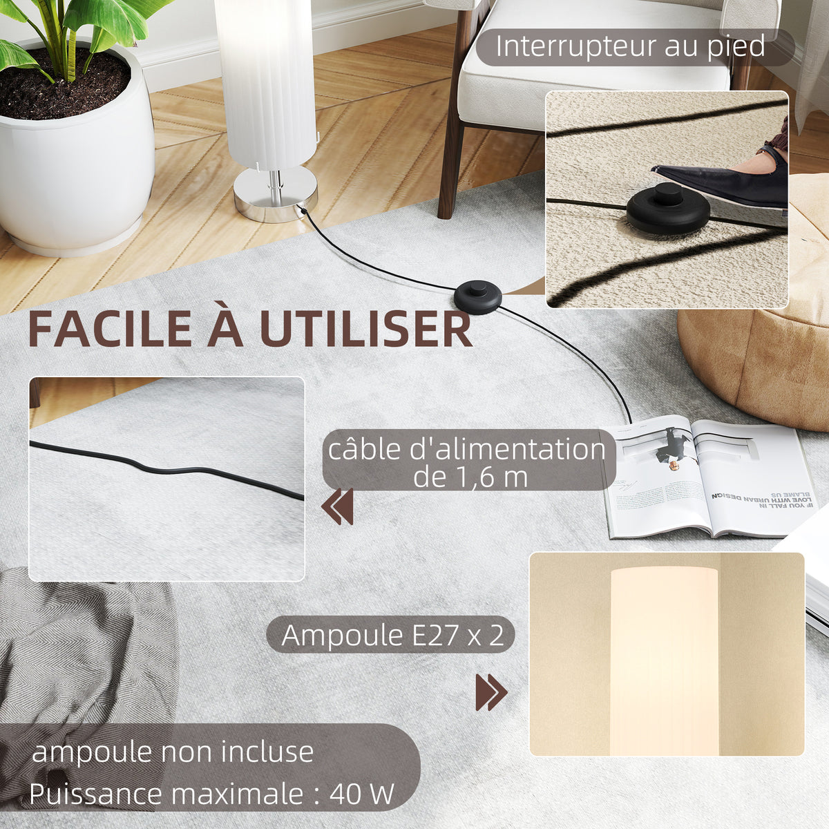 Lampadaire / lampe sur pied moderne lumière tamisée 40 W, 14L x 14l x 120H cm inox blanc
