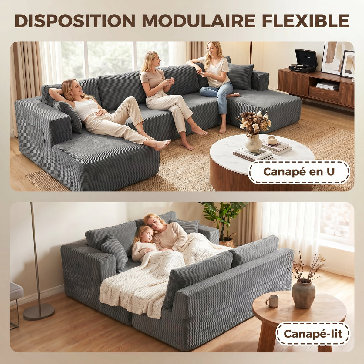 Canapé Modulaire en U 4 Places, 2 Méridiennes, 6 Coussins, 369 x 152 x 78 cm, Gris