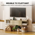 Meuble TV suspendu,50 pouces, tiroir étagères passe-câbles 120x24x22,4cm. Effet bois naturel
